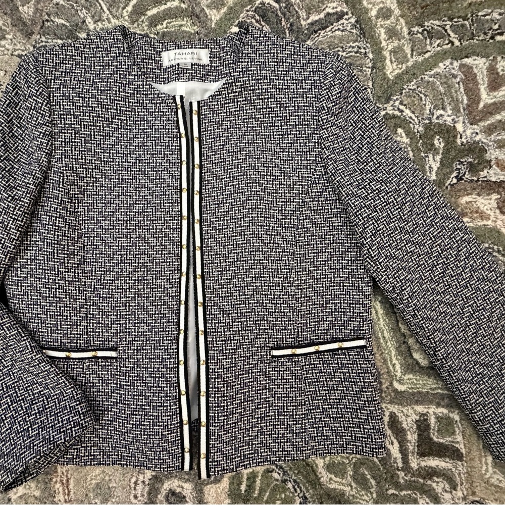 NWOT Tahari ASL Open Front Black & White Tweed Jacket Blazer Grosgrain 14 XL